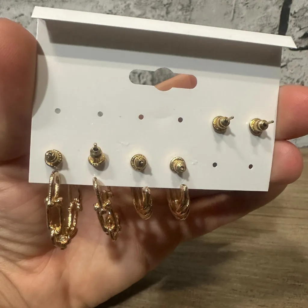 EUC Fashion Earrings 2 Pack Set (3 Studs, 5 Small Hoops) Gold - Image 3