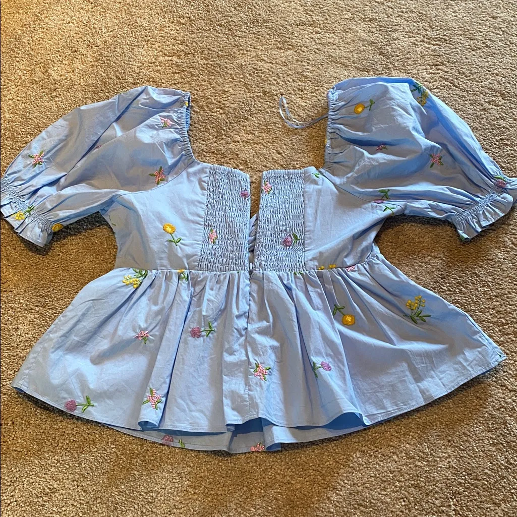 ENGLISH FACTORY Floral Embroidered Puff Slv Babydoll Powder Blue Multi XS *flaw - Image 11