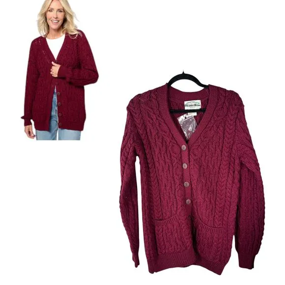 Arancrafts Ireland 100% Merino Wool Burgundy Maroon Knit Cardigan Small NEW Red - Image 2