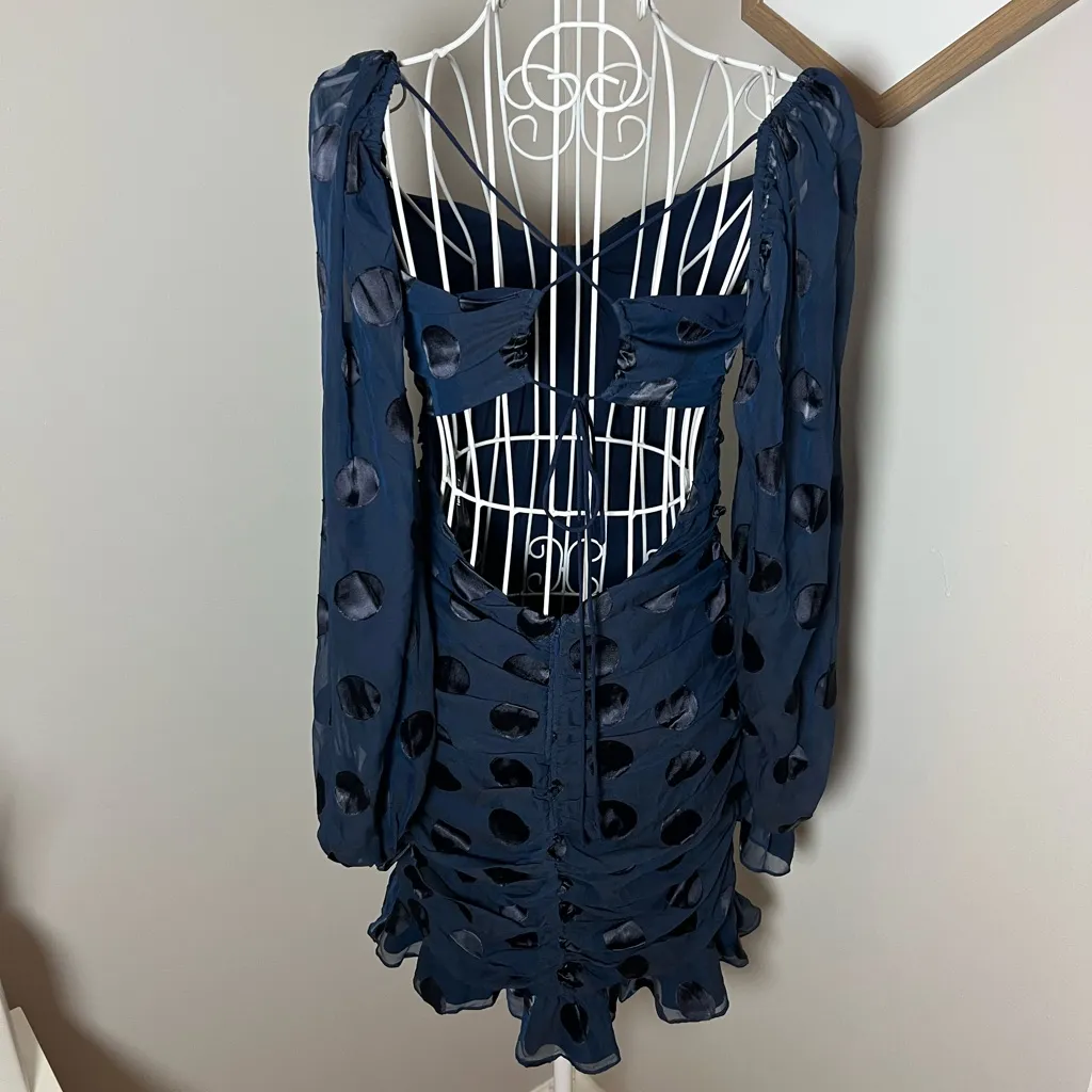 For Love and Lemons Lula Mini Dress Small Navy Blue Polka Dot Chiffon Ruched - Image 6
