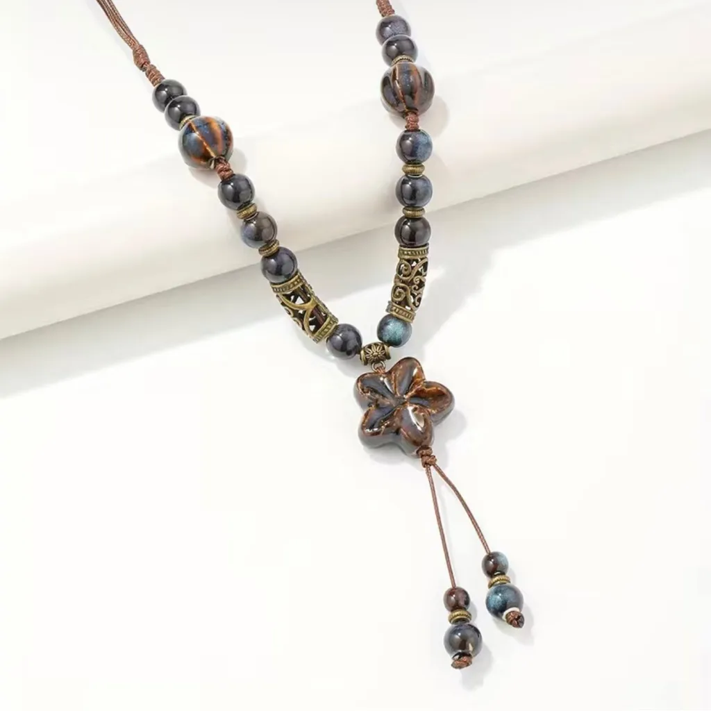 Bohemian‎ Beaded Ceramic Necklace Ethnic Style Flower Pendant Necklace Brown - Image 7