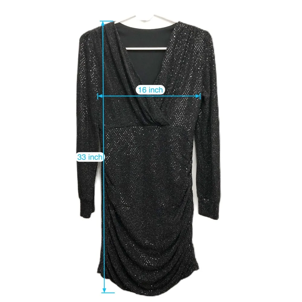 Women Black Sequins Long Sleeve Dress V - Image 4