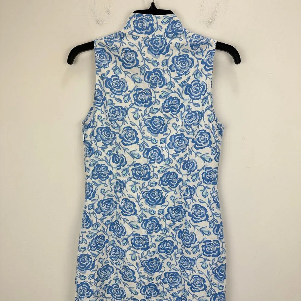 Sail To Sable Linen Blend Midi Dress Rose Floral Blue Resort Cottage XXS NWT - Image 11