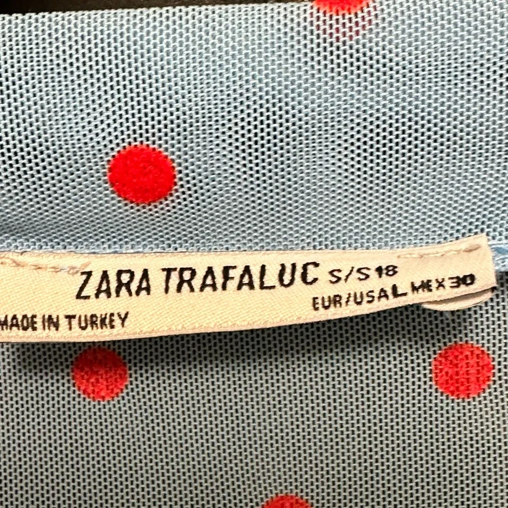 Zara baby blue red polkadot semi sheer draped blouse - Image 5