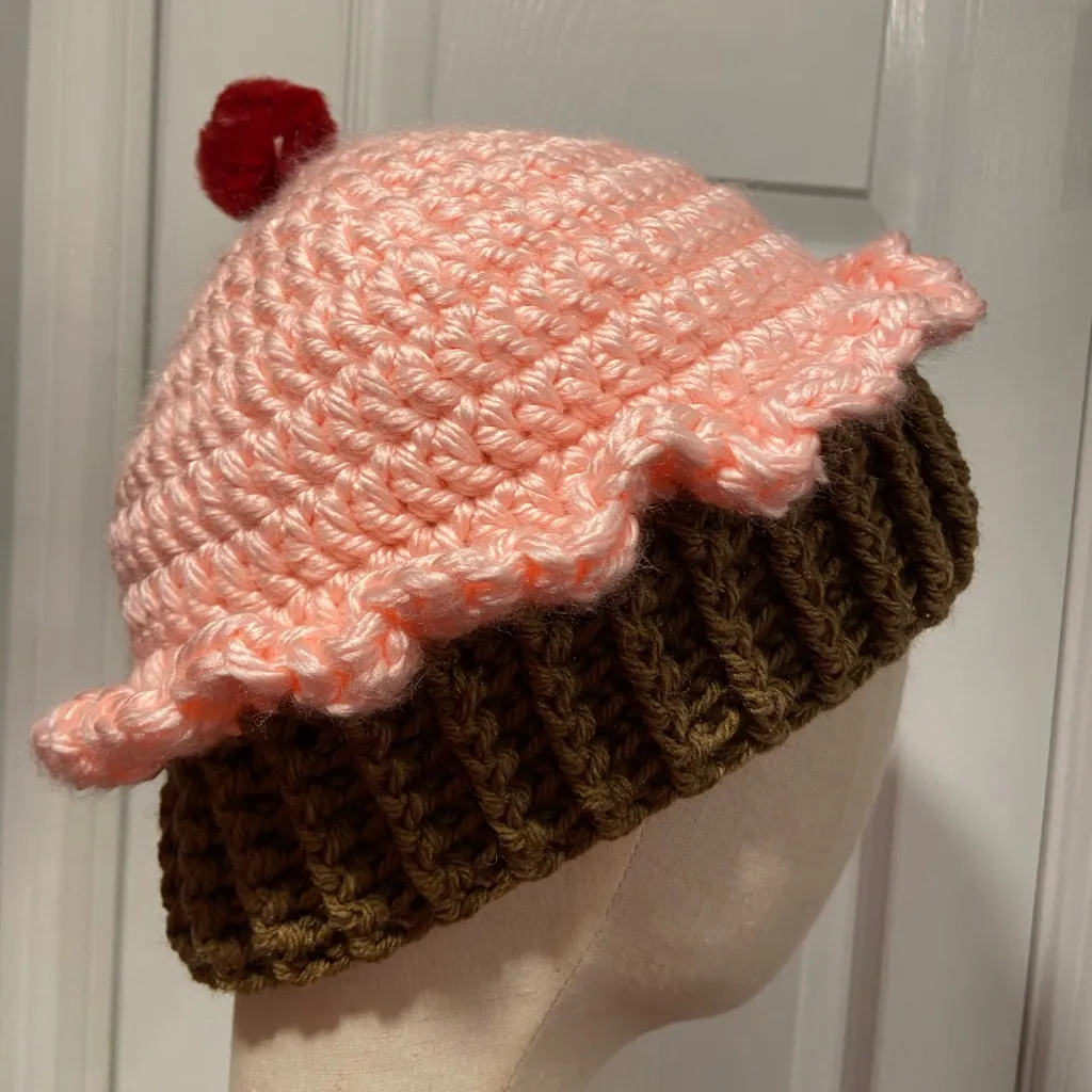 Handmade Crochet Pink Strawberry Cupcake Beanie Winter Hat Cozy Comfy Warm - Image 2