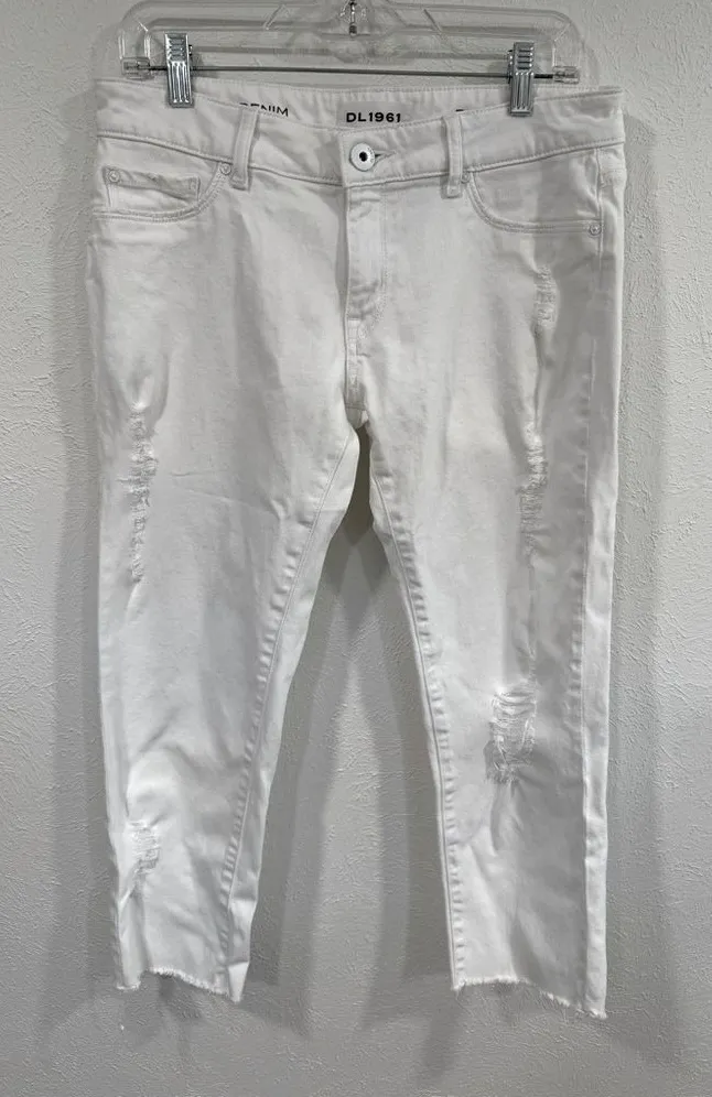 DL1961 Riley Boyfriend White Distressed Cropped Jeans 28 US 6 EUC - Image 1