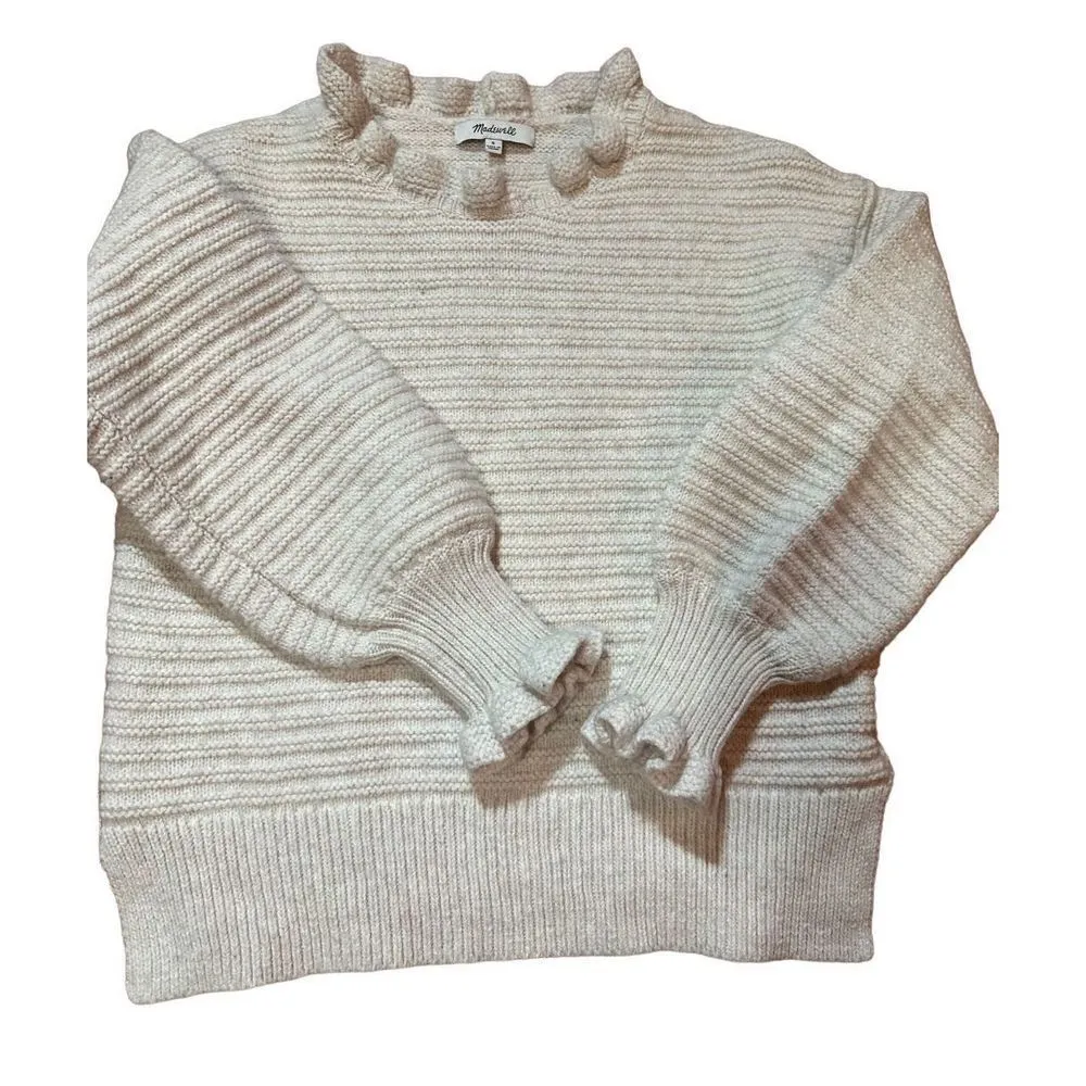 Madewell Ruffle-Neck Pullover Sweater in Cotton-Merino Yarn sz Small ivory - Image 10