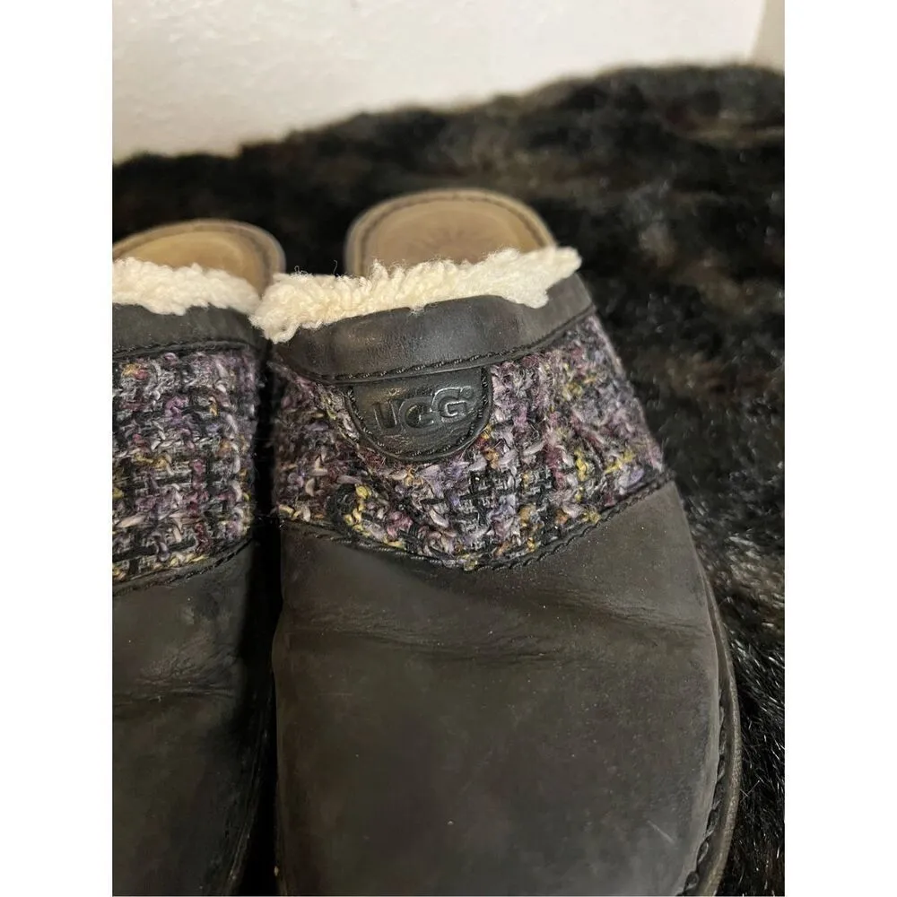UGG Australia Opaline Black Leather Purple Black Tweed Clog Mule Shoes Size 9 - Image 4