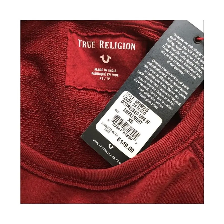 True Religion NWT Ox Blood Distressed Studded Boyfriend Sweatshirt XS - Image 5
