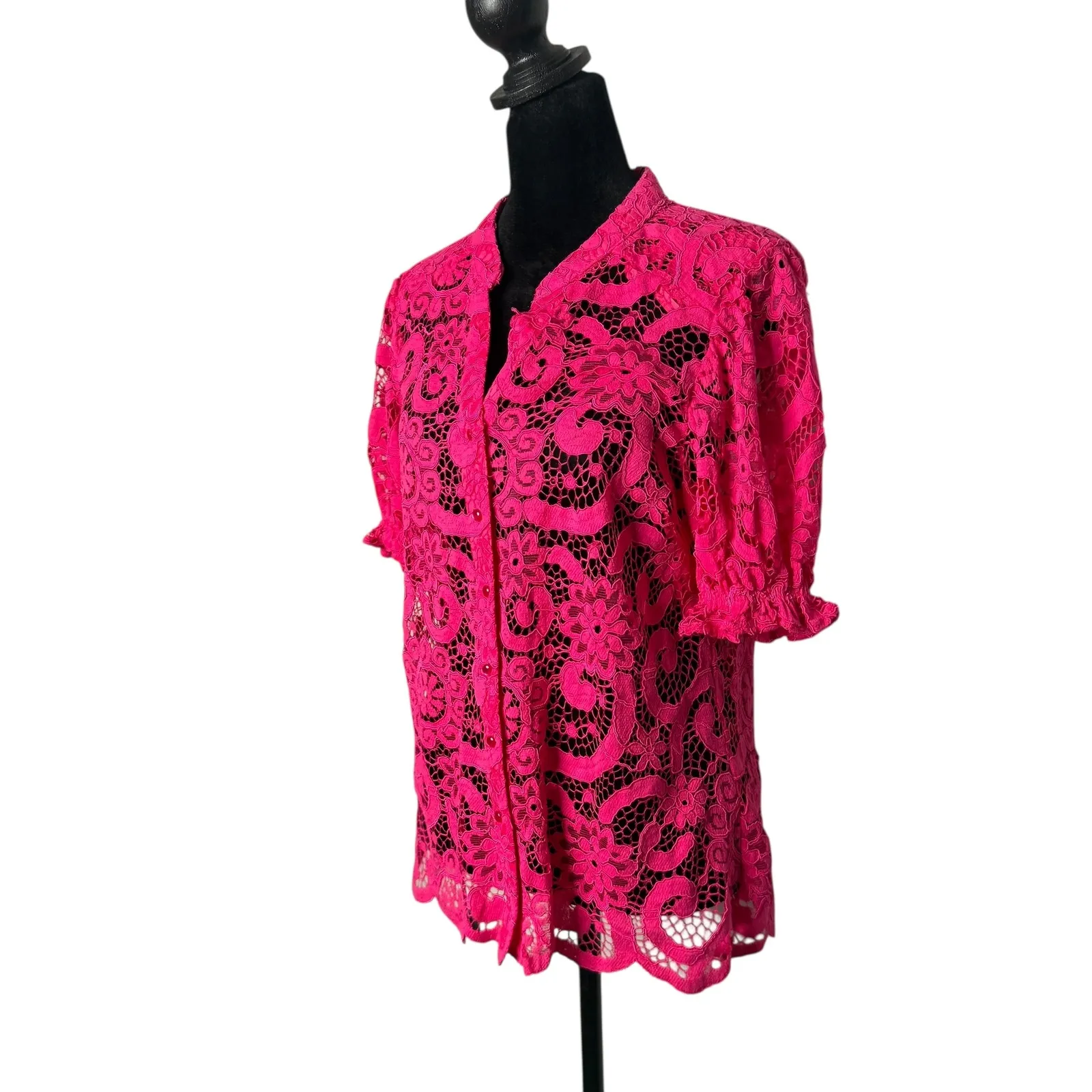 Nanette Lepore Puff Sleeve‎ Button Up Floral Lace Top Size M Pink See Through - Image 9