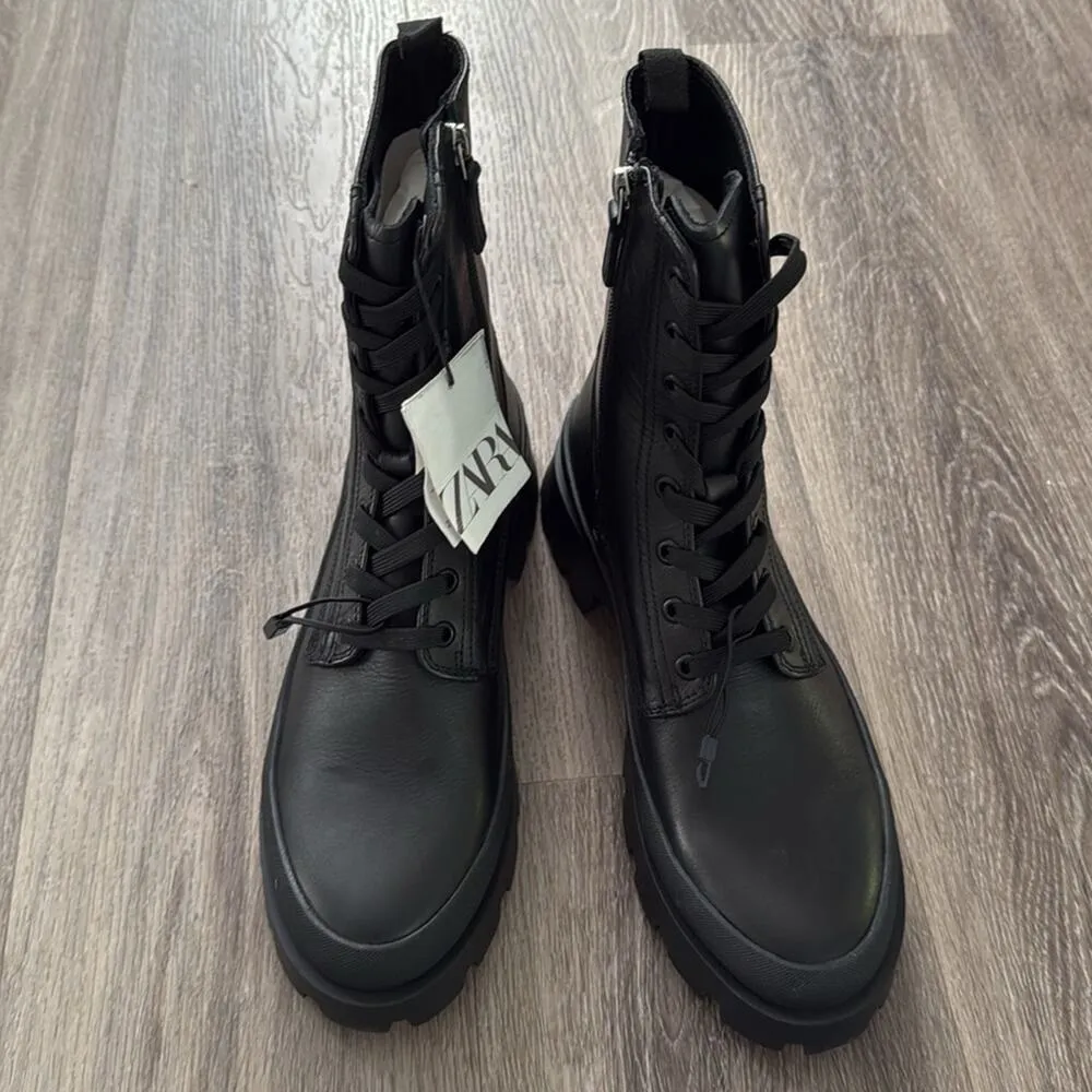 Zara Women’s Black Leather Combat Boots Lace Up Casual Shoes Size 41 - Image 3