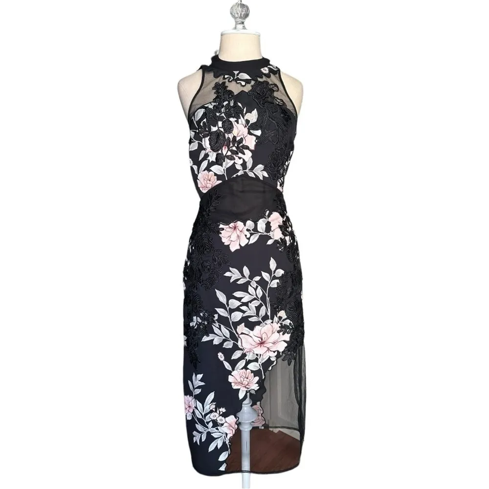 Guess Aluara Women's Black Pink Floral Embroidered Sexy Halter Midi Dress Size 0 - Image 3