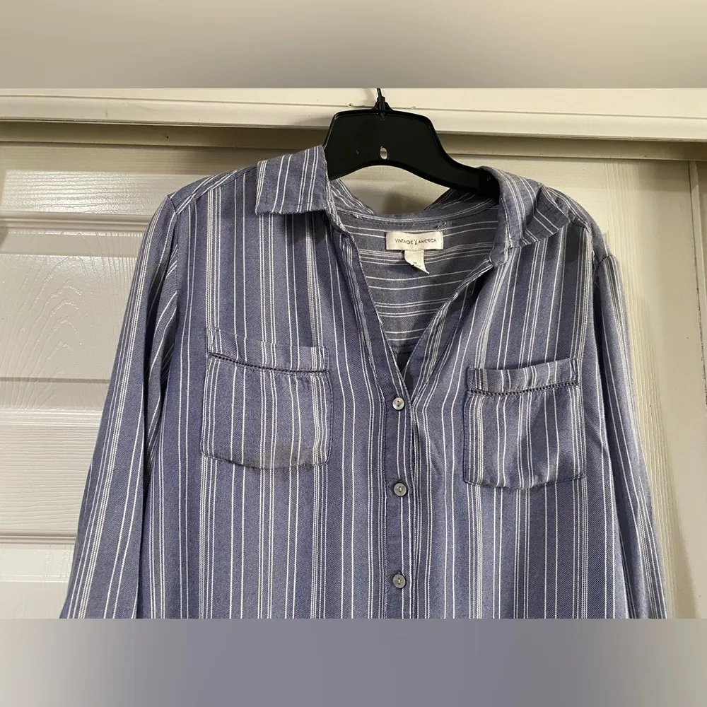 Vintage America Women's Long Sleeve Gray Blue Flannel Collared Shirt Top Size M Size M - Image 3