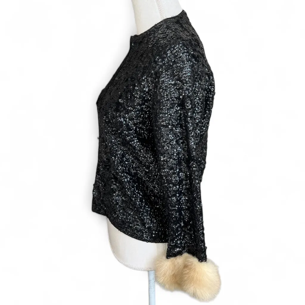 Vintage 1950s Black Sequin Jacket with Fur Trim chic retro glam blazer - Image 4