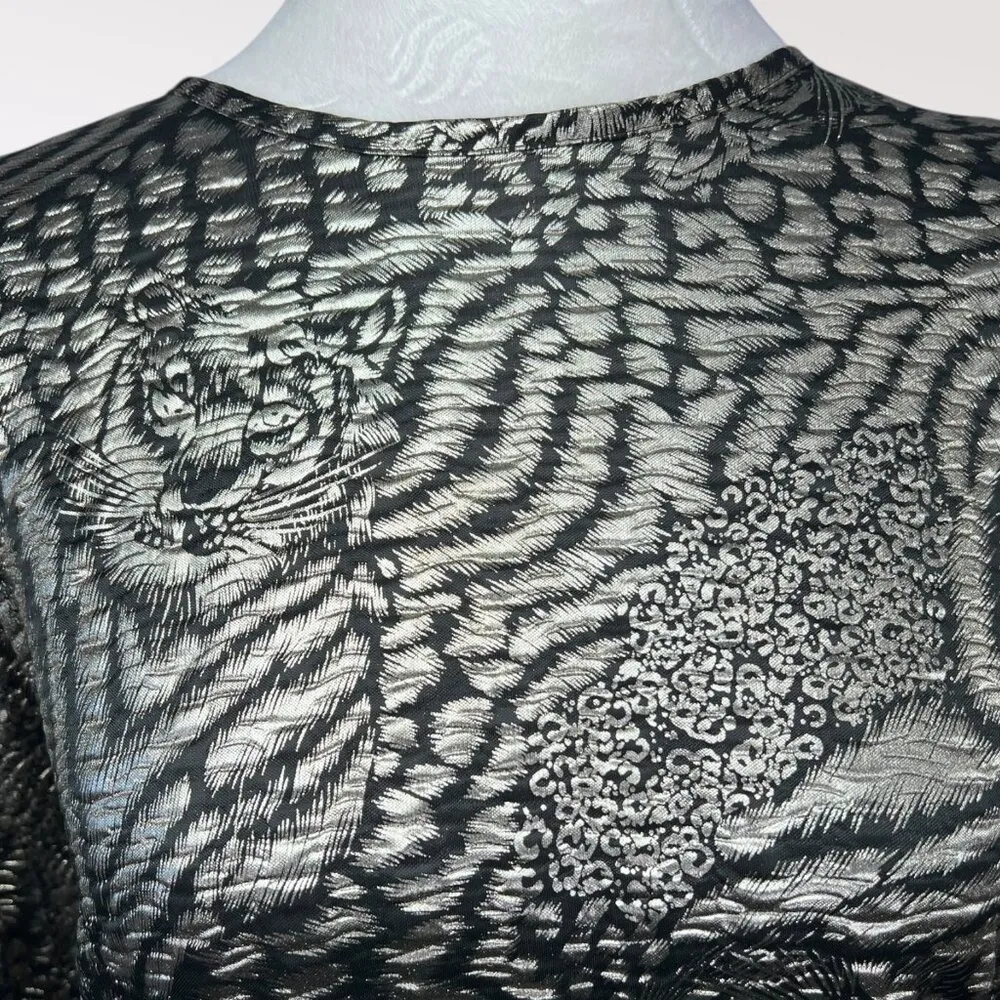 Vintage Metallic Animal Print Blouse Black Gold Long Sleeve Medium - Image 3