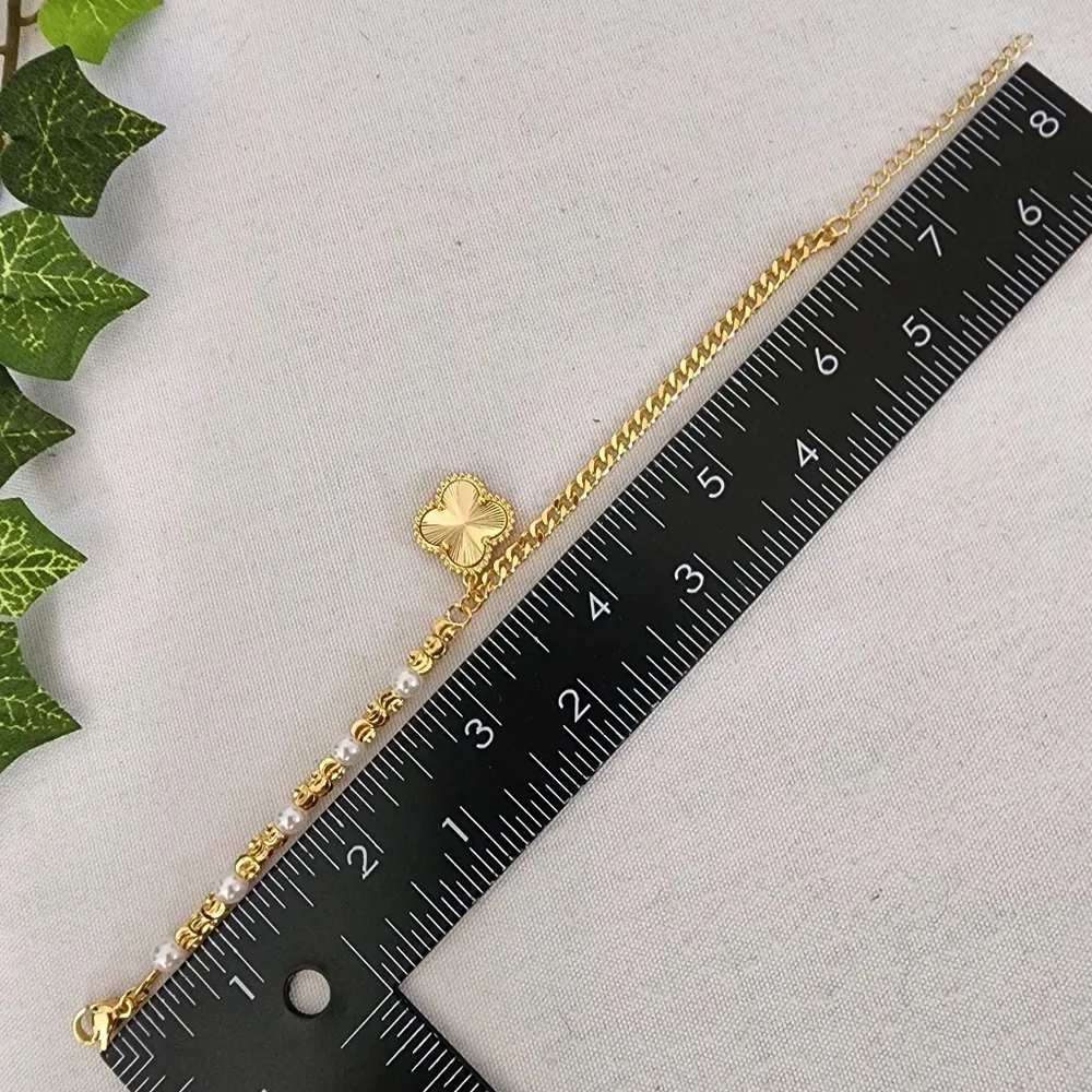 Gold Filled Bracelet with Faux Pearls And Quatrefoil Flower Clover Charm - Image 8
