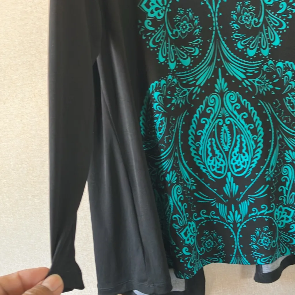 FINAL MARKDOWN Susan graver Black Open Front Cardigan Teal Patterned back medium - Image 9