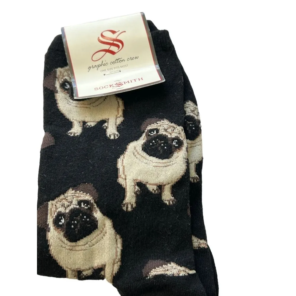 Sock Smith Women Socks Graphic Cotton Crew Pugs Black OSFM New - Image 2