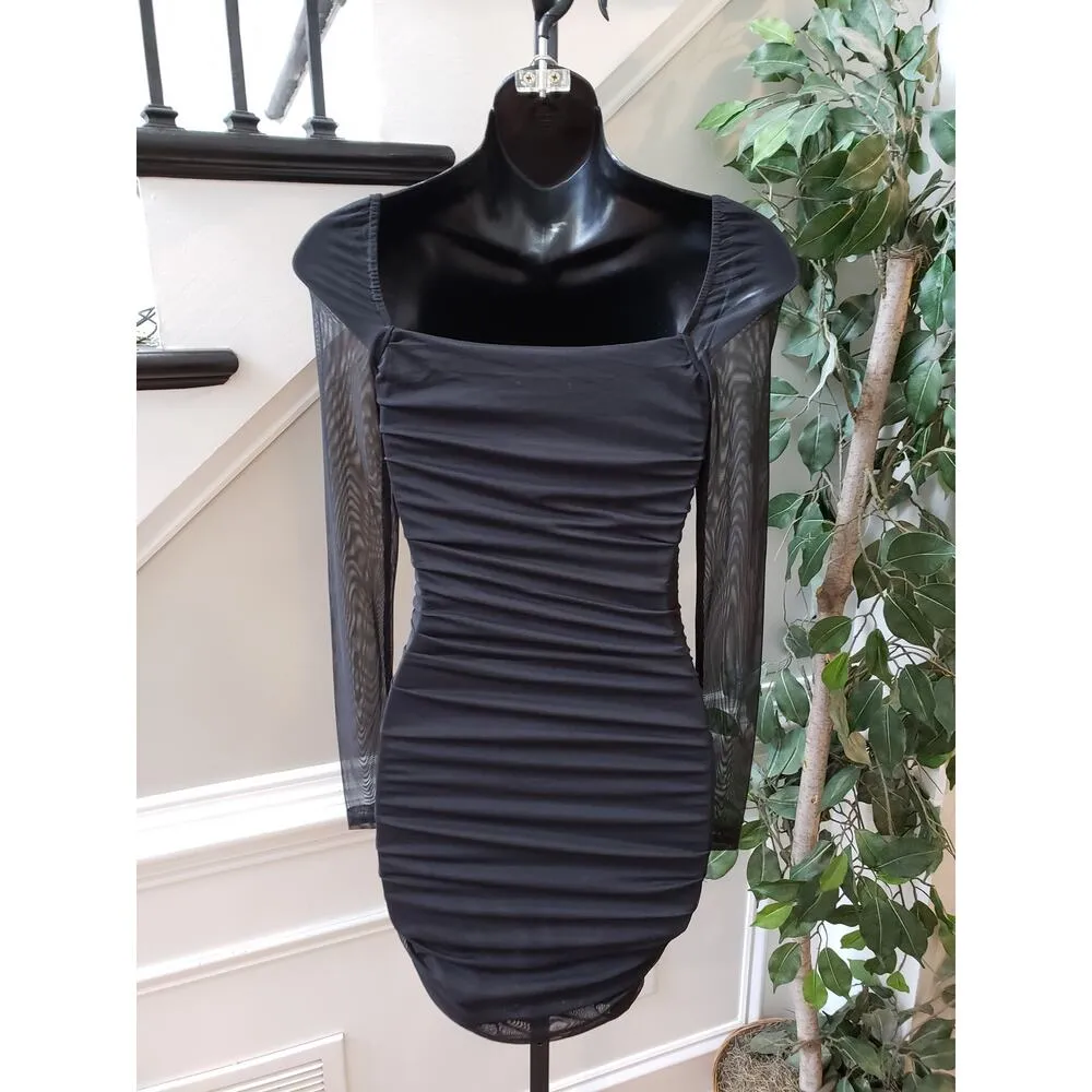 Princess Polly Dress Women 0 Black Mesh Long Sleeve Ruched Bodycon Mini Sexy - Image 6