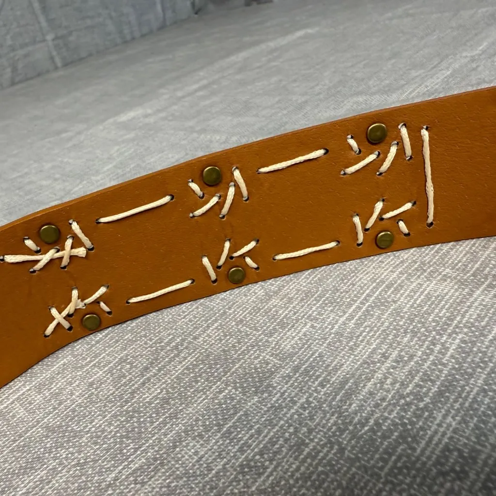 Brown Floral Embossed Leather Belt Faux Turquoise Accents Brass Buckle Women's - Image 15