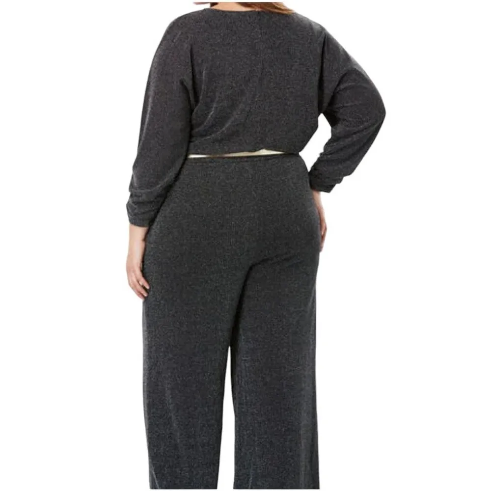 JESSICA LONDON BLACK SHIMMERY BLOUSON SLEEVE WIDE LEG JUMPSUIT 14W - Image 2