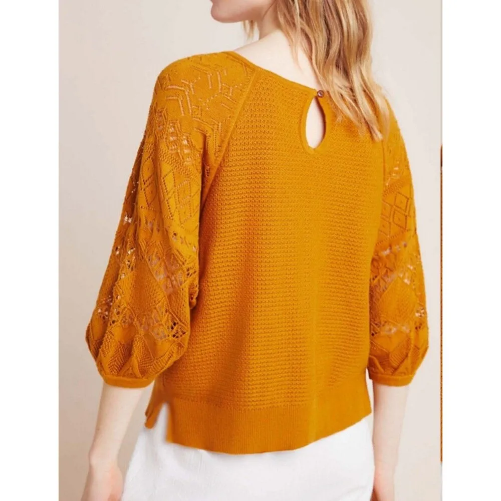 By Anthropologie Martina Pointelle Boho Crochet Sweater Tee Women’s XS Honey - Image 2
