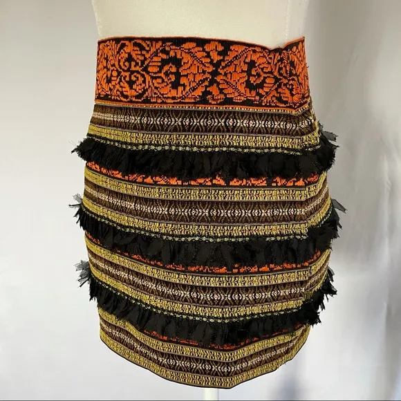 New  Frayed Fringe Embroidered Striped Bandage Mini Skirt - Image 2