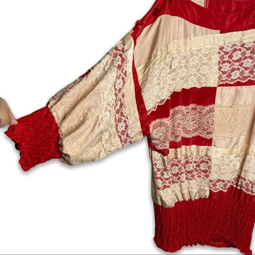 Vintage 1960's Cottage Blossom Red Lace Shirt Blouse One Size Made in Australia Size L - Image 3