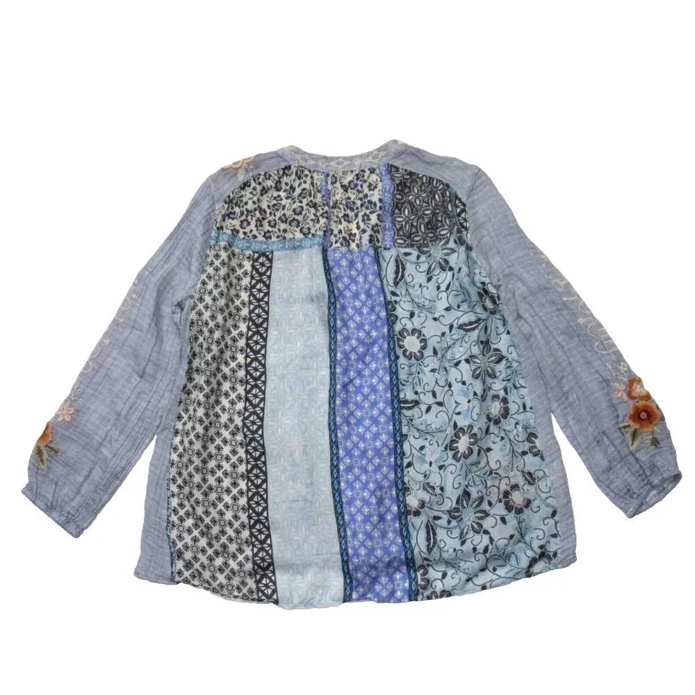 NWT Johnny Was Umoya Effortless Scarf Back Blouse in Blue Embroidered Top S - Image 7