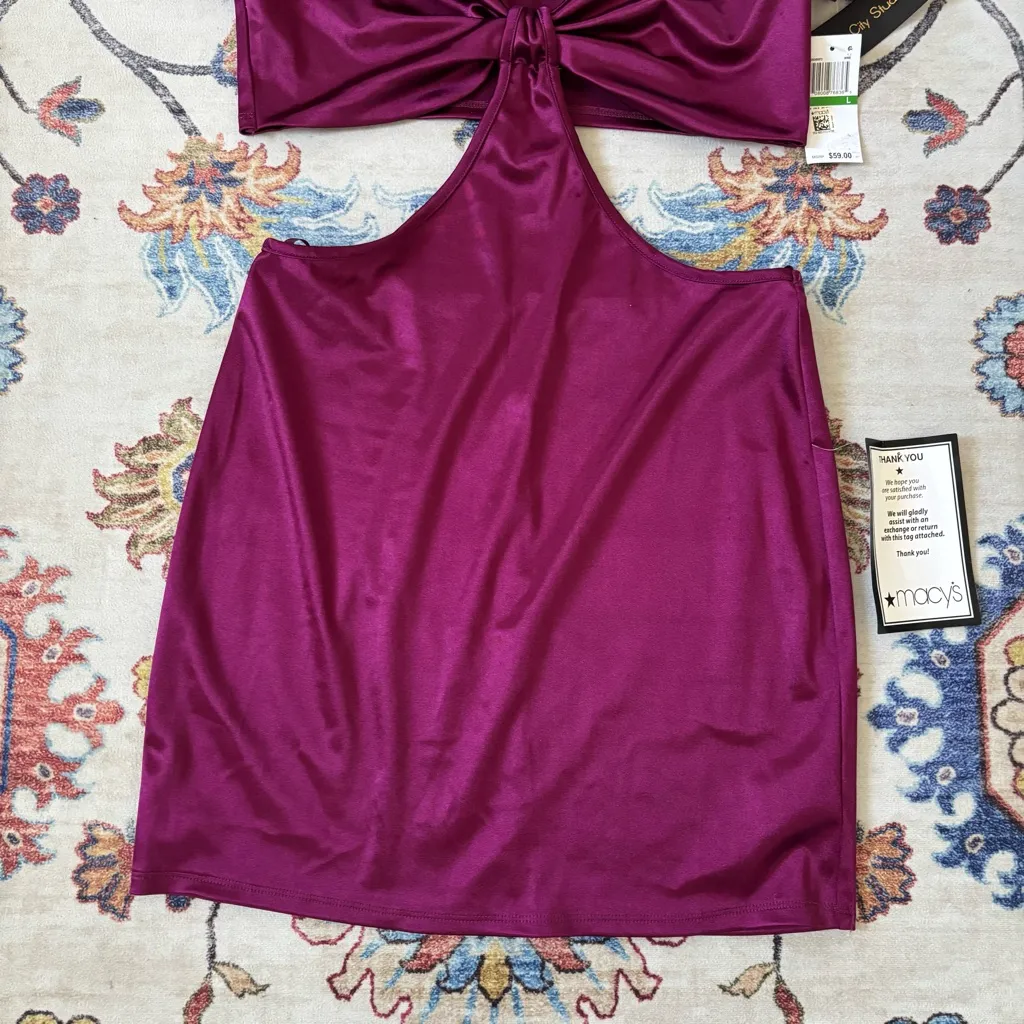 City Studio Purple Satin Side Cut Out Bodycon Short Sleeve Mini Dress NWT Large - Image 3