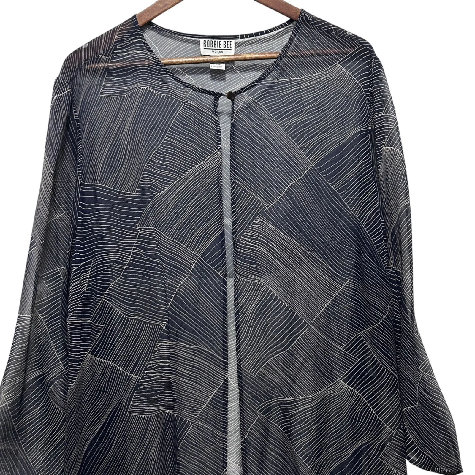 Robbie Bee Woman Duster Cardigan 20W Silk Sheer Open Front Navy Abstract Print - Image 5
