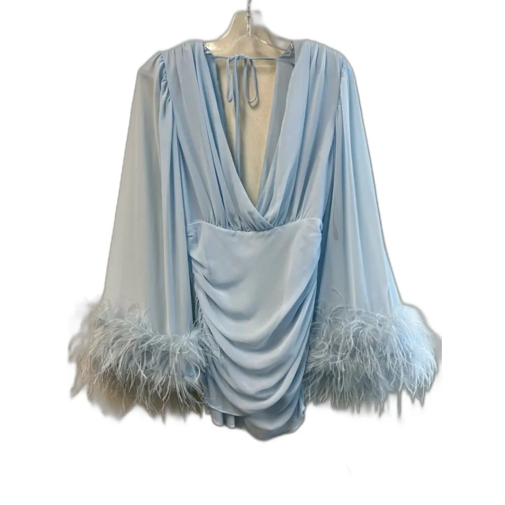 NEW NWT NBD Agneta Mini Dress Light Blue Feather Cuffs Deep V Size M - Image 9