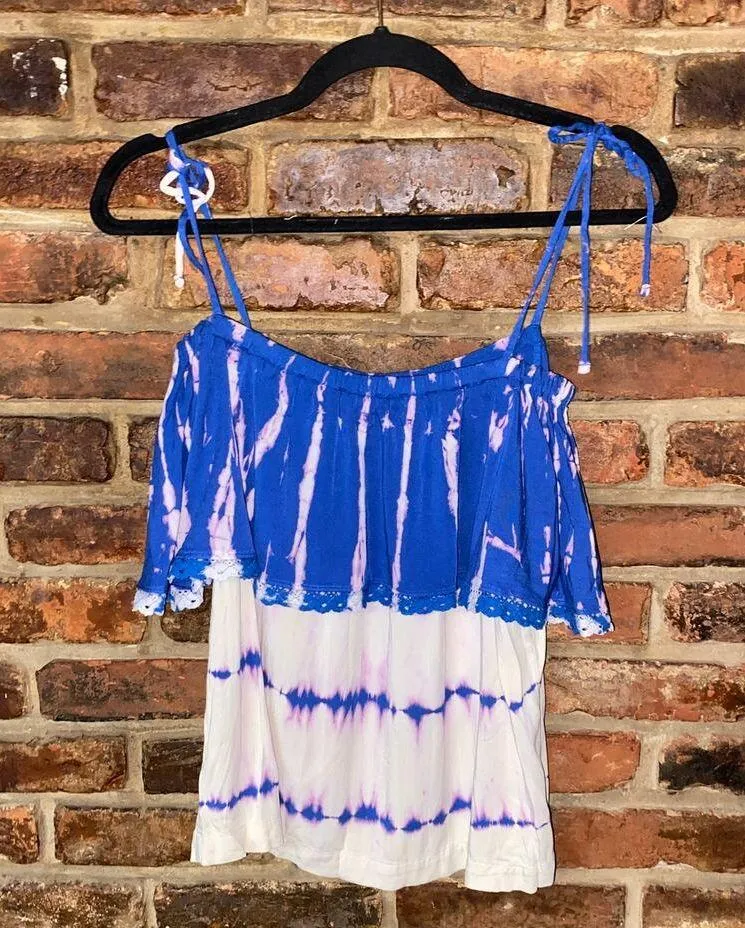 NWT Michael Stars Blue White Tie Dye Off The Cold Tie Shoulder Top Size Small - Image 2