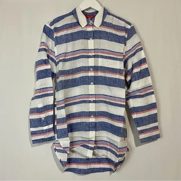 Joules Women’s Jeanne Print Button Down Linen Shirt Blue & Red Stripe Size 4 NWT - Image 1