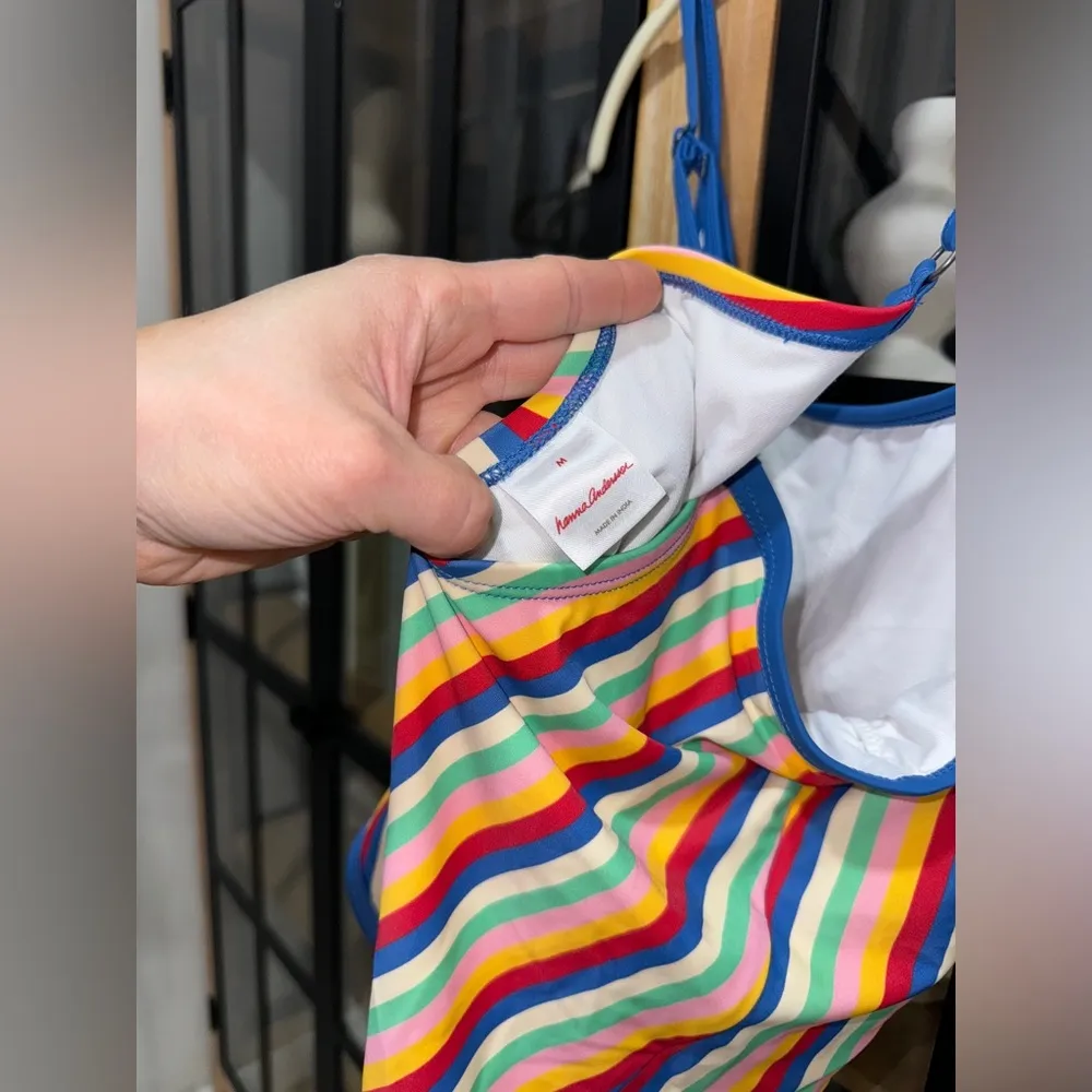 Hanna Andersson one piece swimsuit striped rainbow colorful scoop crisscross Blue Size M - Image 4