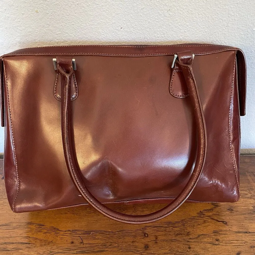 HOBO International VTG Purse Red Brown Polished Leather Bag Zip Two Handles - Image 3