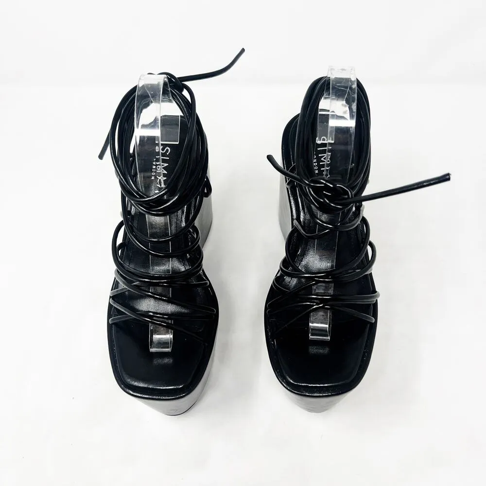 [Dolls Kill] SIMMI London Black Faux Leather Nolia Lace Up Platform Wedges Sz 6 - Image 8