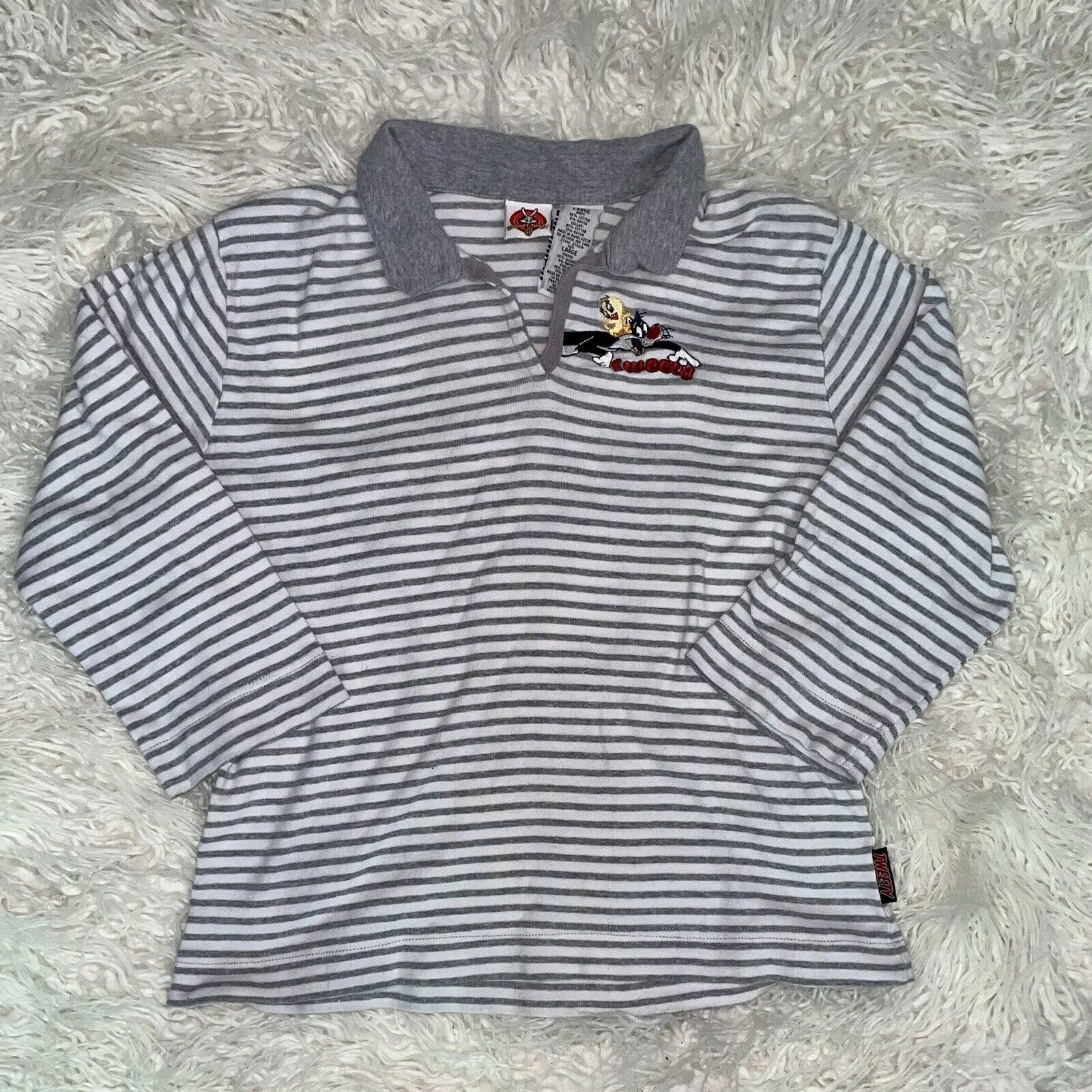 Tweety Bird Polo Shirt Women’s SZ L Grey White Striped Qtr Length Sleeves VTG Size L - Image 2