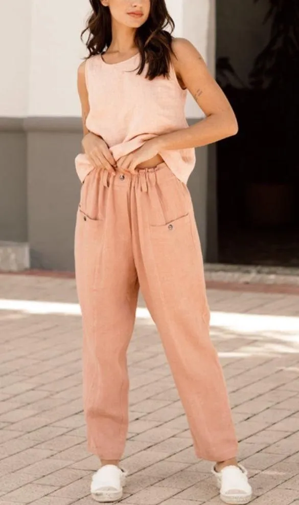 Magic Linen Tapered Cargo Pants Sz XL Rose Pink Elastic Waist Boho Chic - Image 3