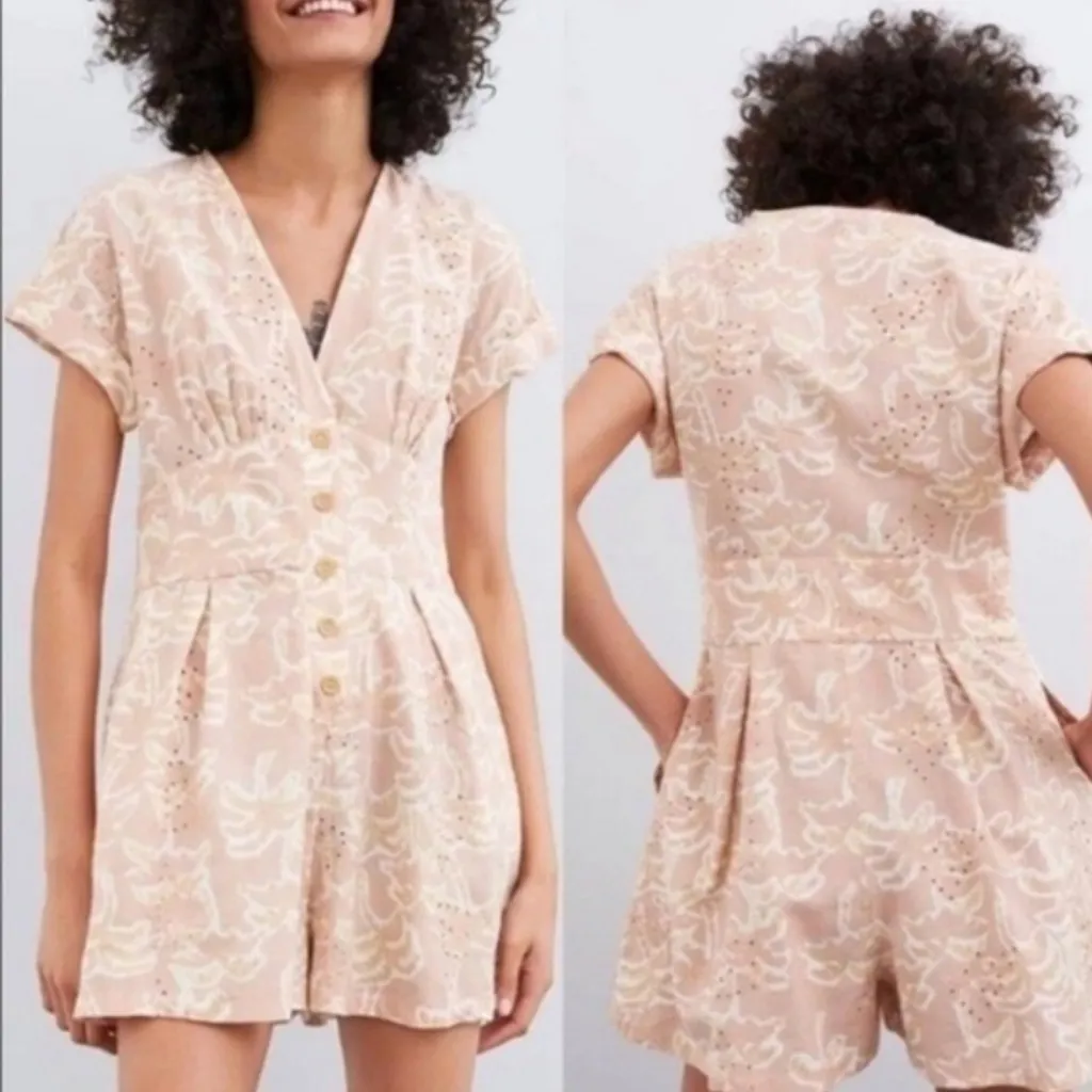 Zara Kinen Blend Embroidered Eyelet Romper Small - Image 2