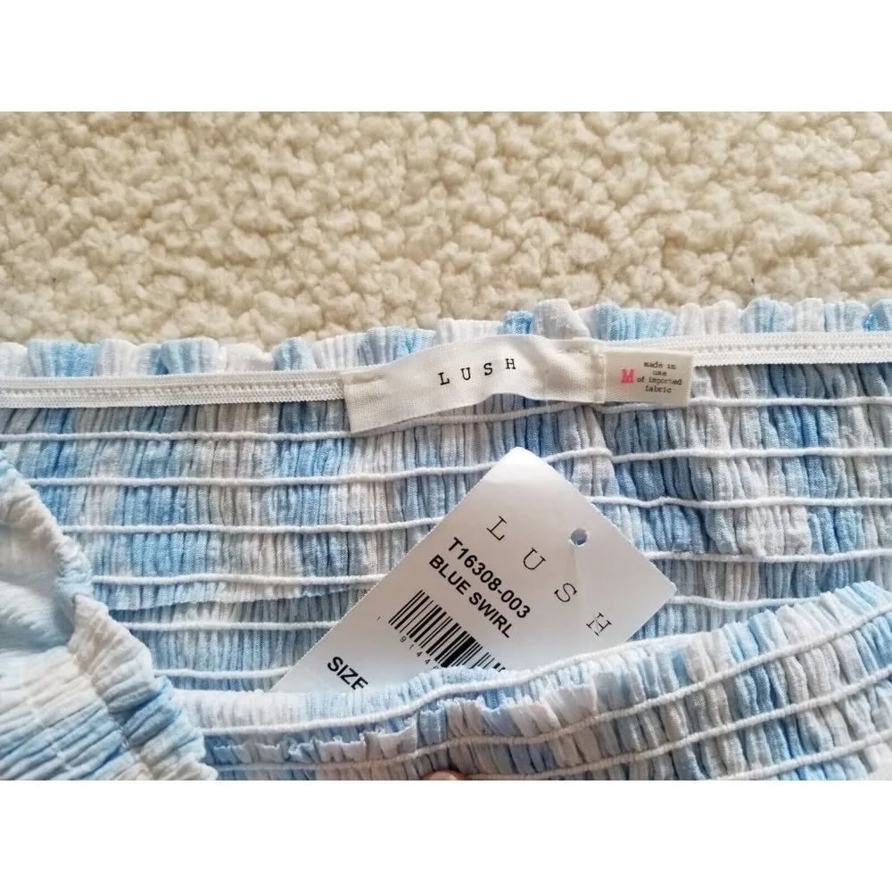 LUSH Crop Top Women's Blue Swirl Smocked Cap Sleeve Square Neck Ruffle Size M - Image 6
