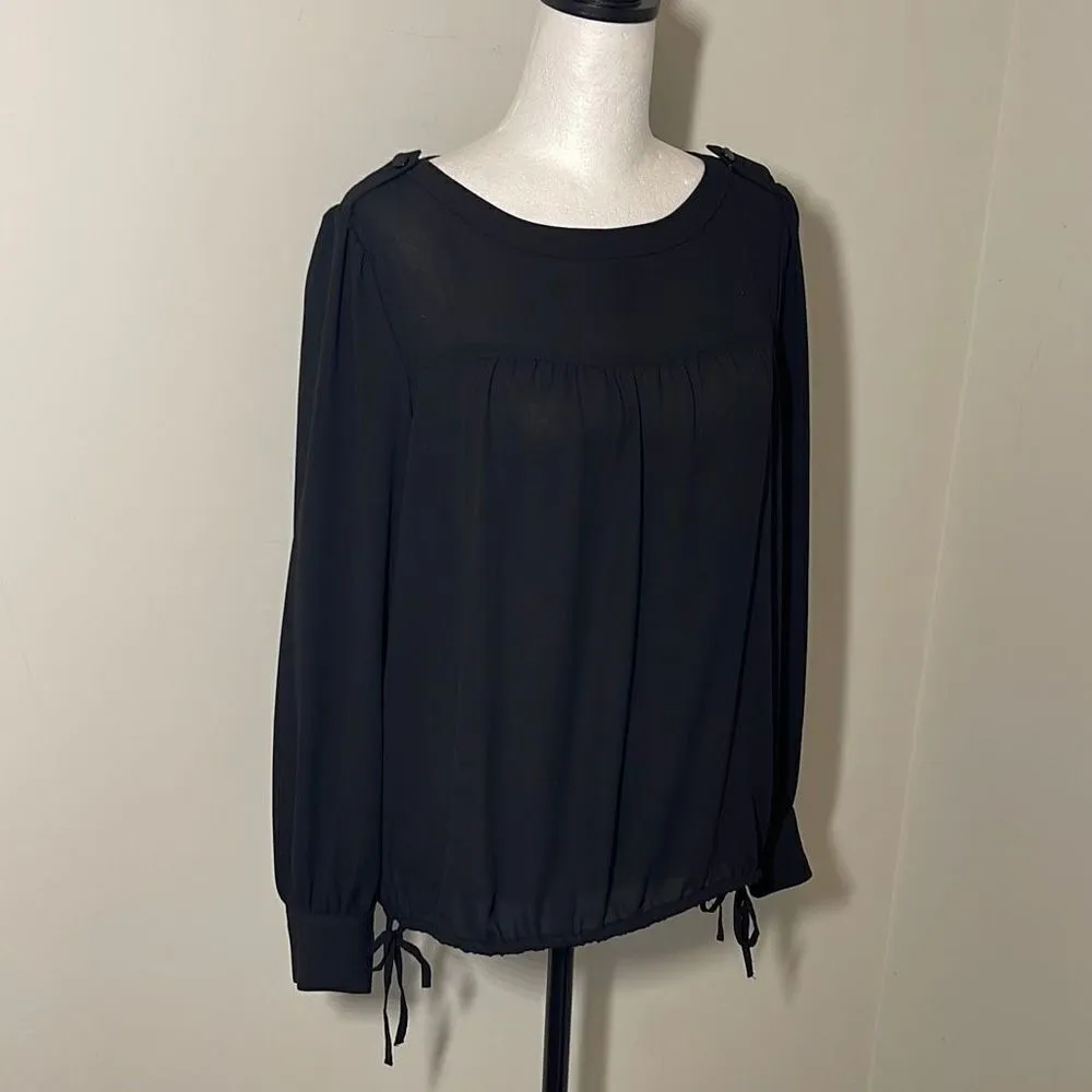 LOFT Womens Long Sleeve Blouse Top‎ Tie Waist Pleated Black Size Small Petite - Image 2