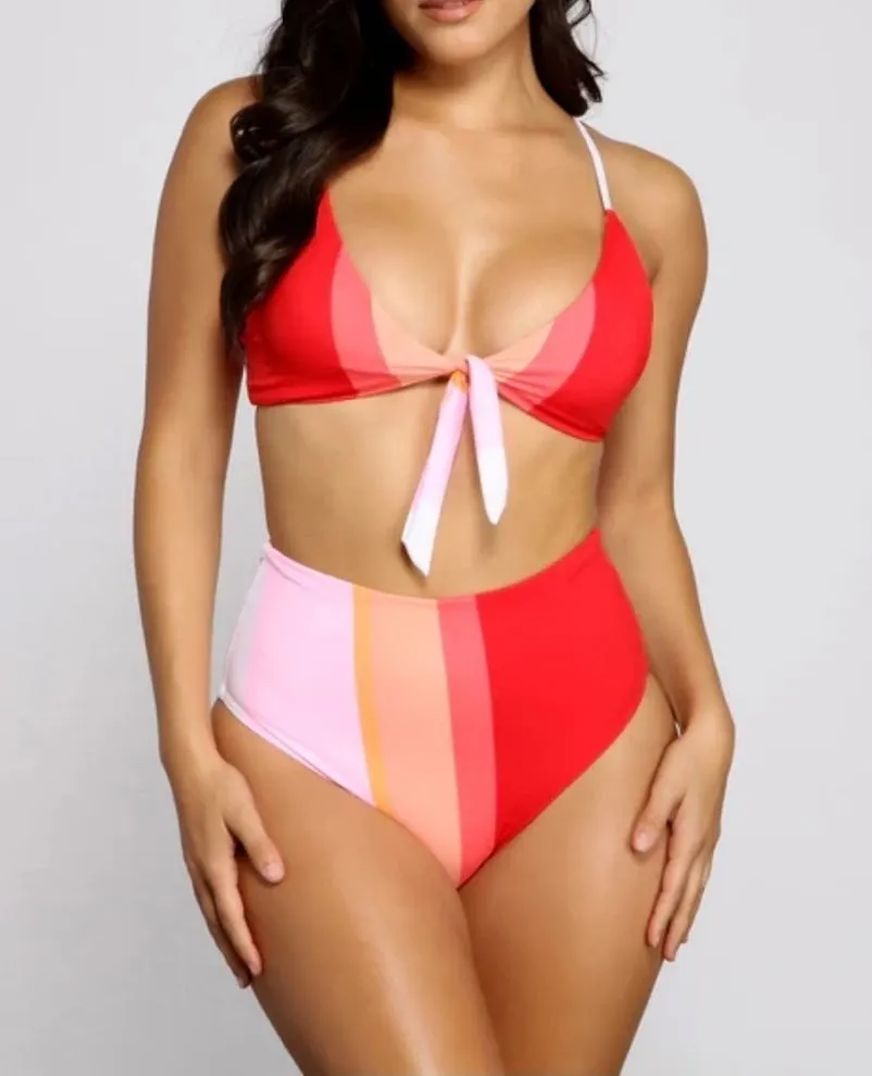 NWT Beach Joy bikini set color block high waist & tie front bikini small red - Image 1