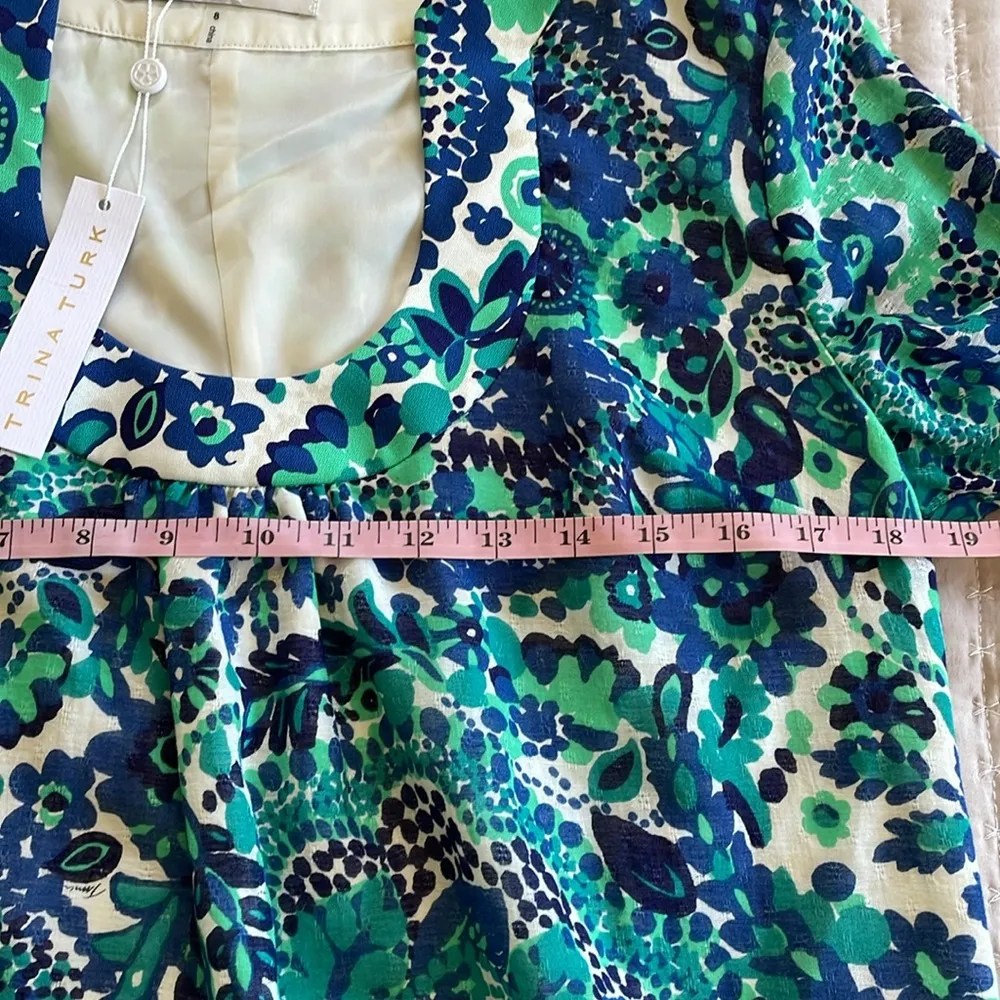 NWT Trina Turk Bonita Green Blue Bell Sleeve Floral Cotton Linen Mini Dress Sz 8 - Image 7