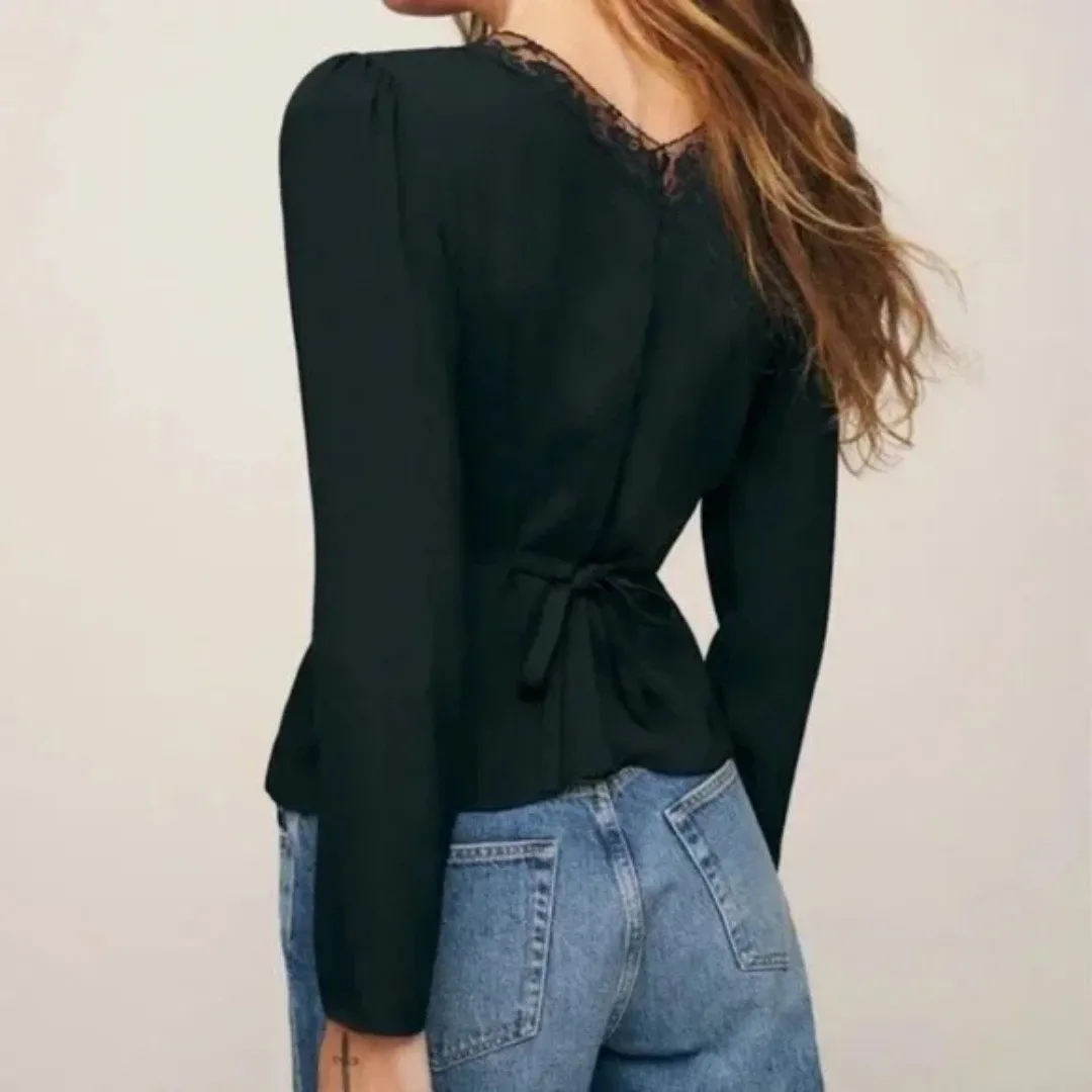 Reformation | Nadene Lace Hook Open Front Top in Black - Image 4