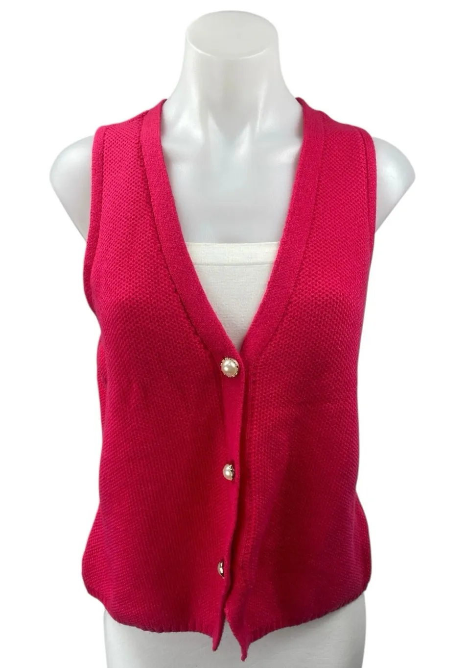 Love by Design Pink Sleeveless Pearl Button V-neck Knit Sweater Vest Tank Top XL - Image 1