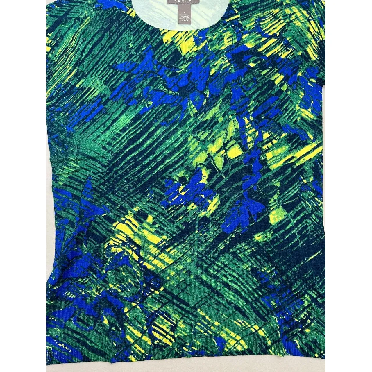 KENAR Blue Green Silk Blend Daphne Knit Top Size M Multicolor Print Short Sleeve - Image 4
