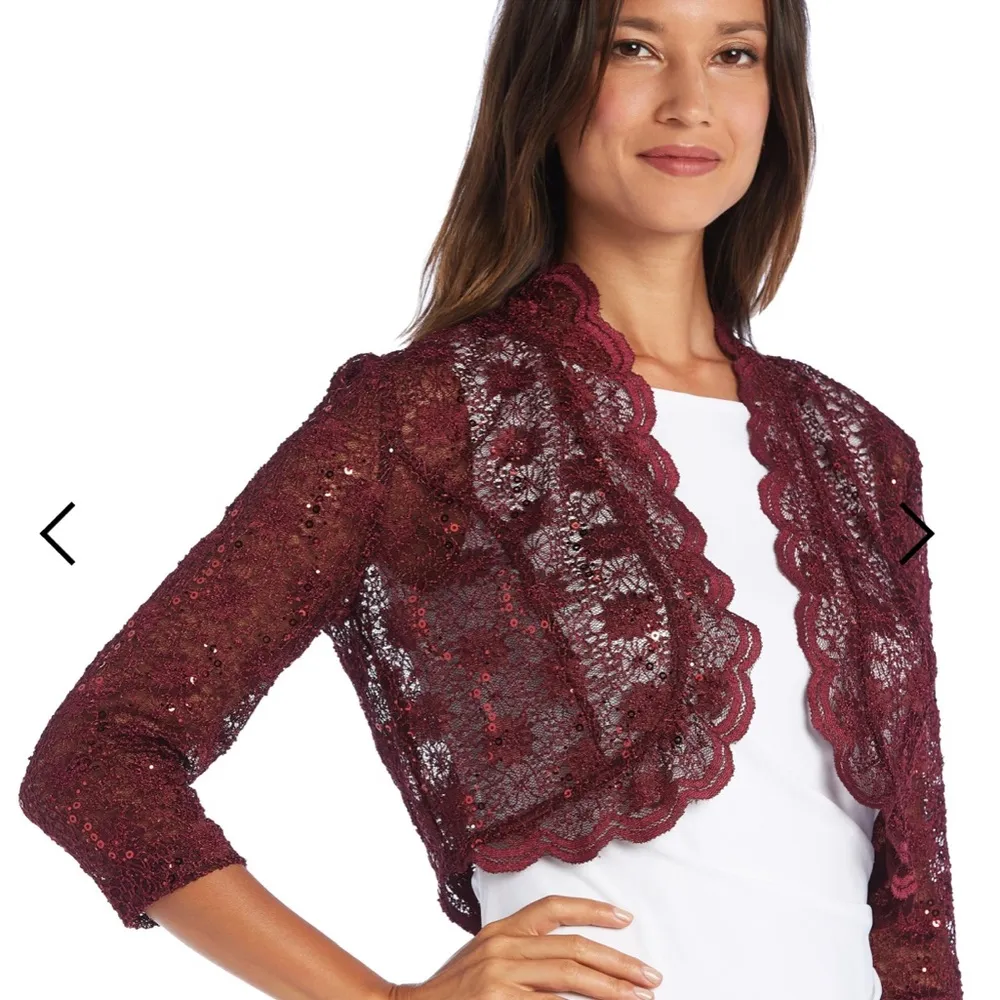 R & M Richard’s NWT Bolero Jacket Wine color 3/4 Sleeve Lace Sequin Scalloped - Image 9