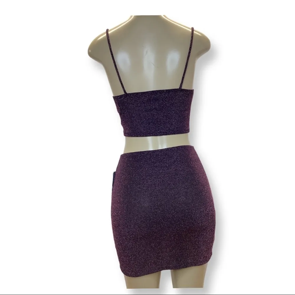 Just Polly New York Size Small Burgundy Bedazzled Mini Skirt Set. New With Tags - Image 3