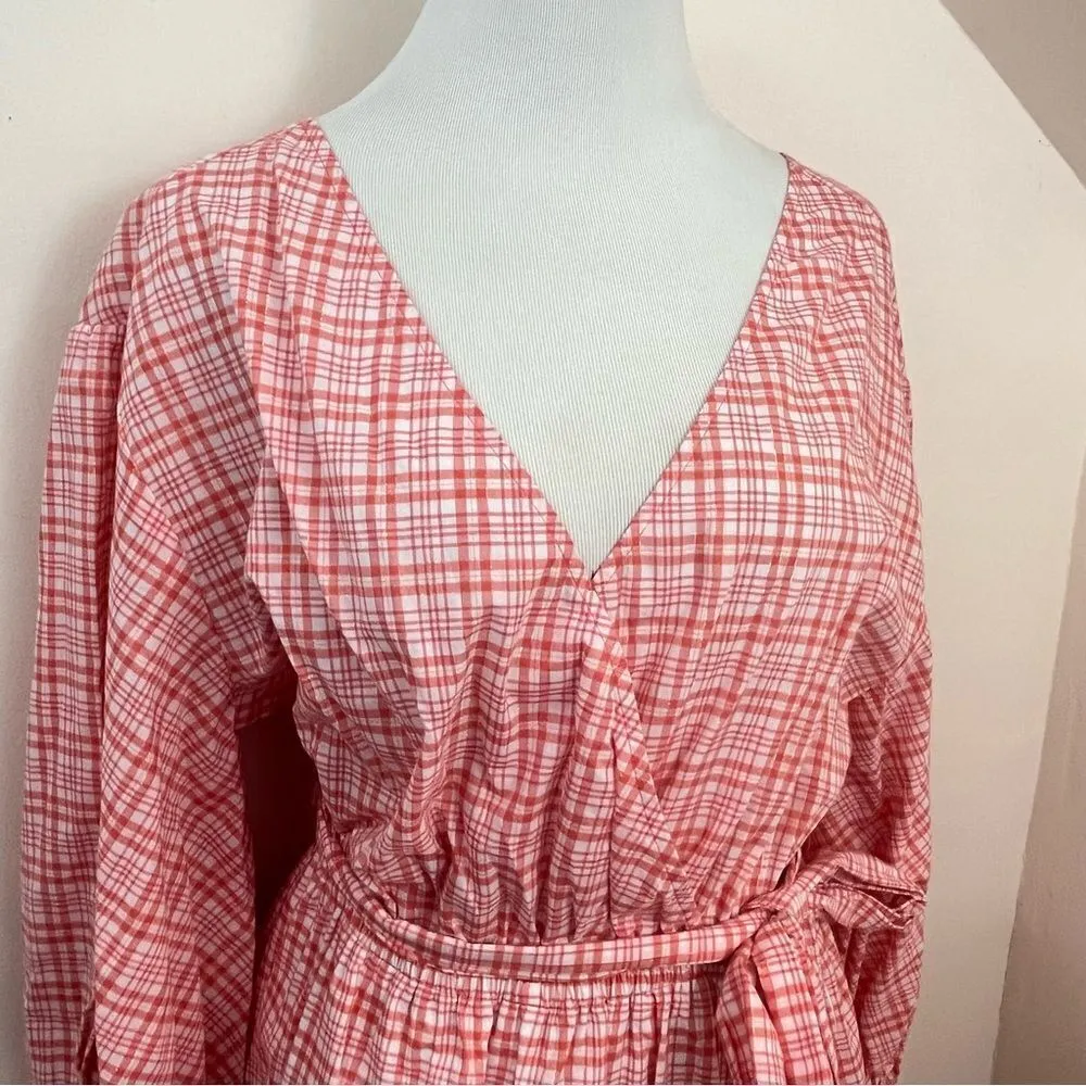 Michael Kors Coral Plaid Ruffle Mini Dress Wrap Front Balloon Sleeves M NEW Pink Size M - Image 9